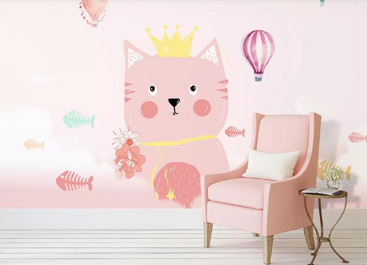 3D Pink Animal Cat Hot Air Balloon Wall Mural Wallpaper Lqh 370