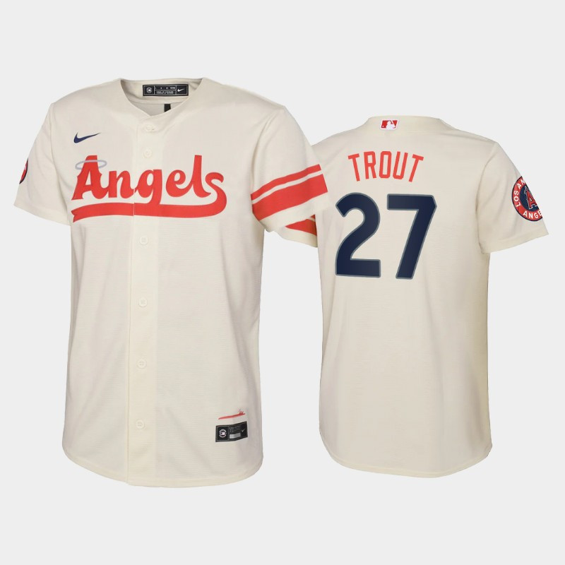 2022-23 City Connect Youth Los Angeles Angels Mike Trout 27 Mike Trout Jersey – Cream