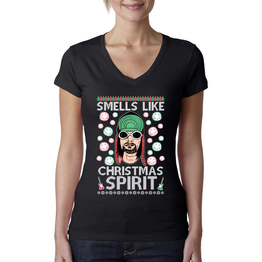 Smells Like Christmas Spirit Ugly Christmas Sweater Christmas Womens Junior Fit V-Neck Tee