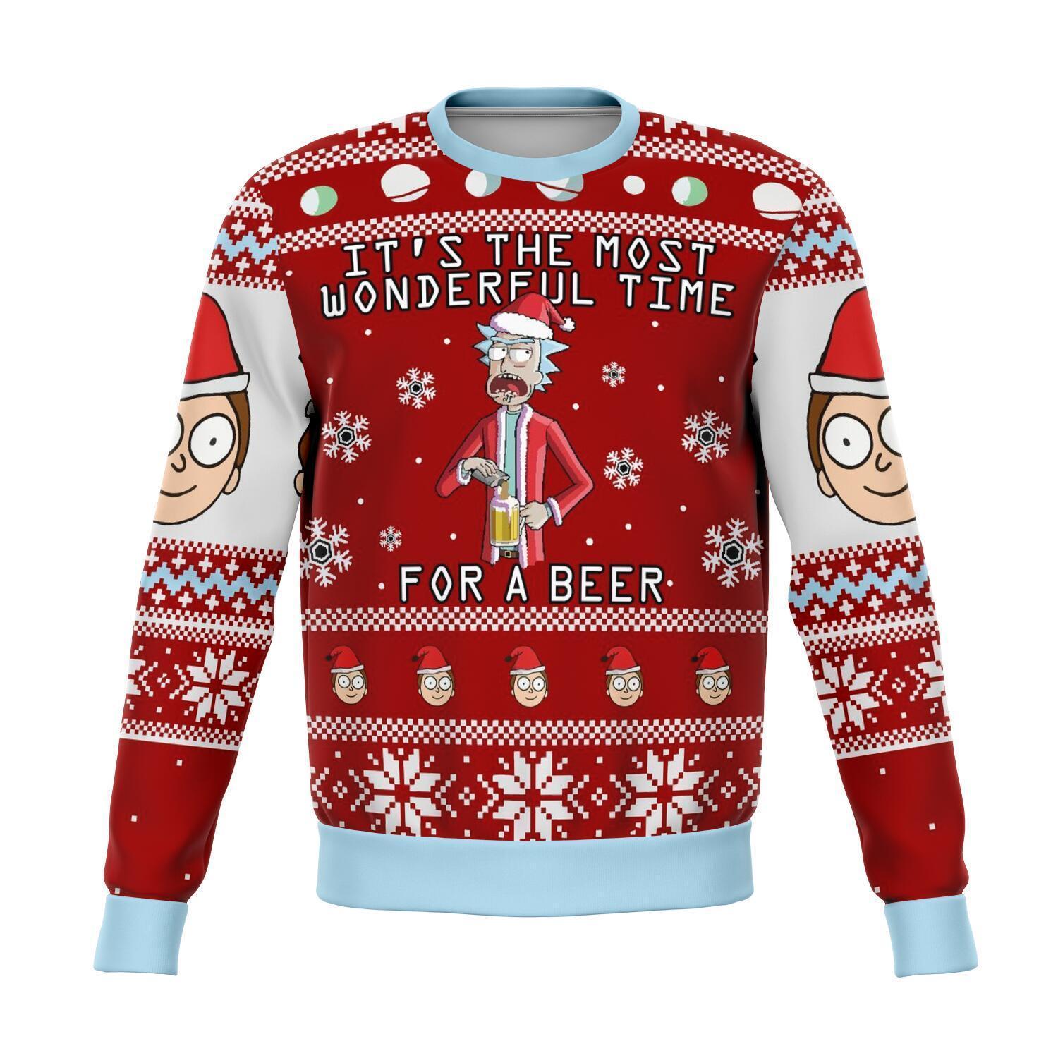 Unifinz Rick And Morty Christmas Sweater It’S The Most Wonderful Time For A Beer Red Ugly Sweater 2022