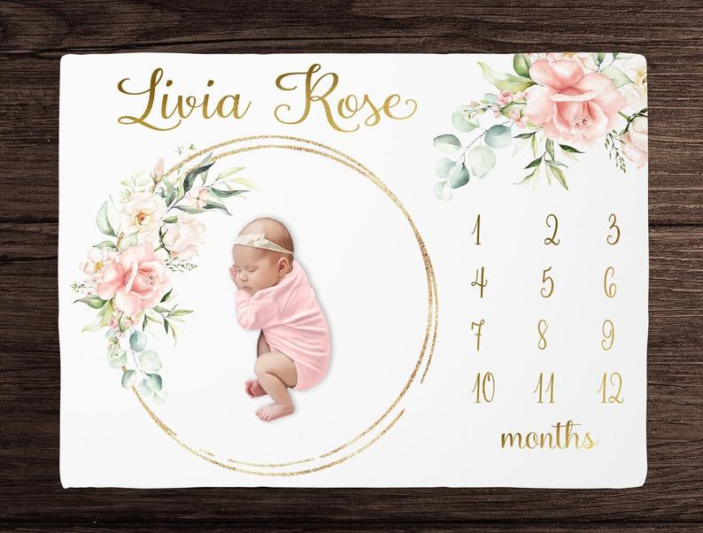 Blush Floral Milestone Blanket Girl, Monthly Growth Blanket, Personalized Baby Girl Blanket, Custom Baby Shower Gift, Baby Keepsake Gift