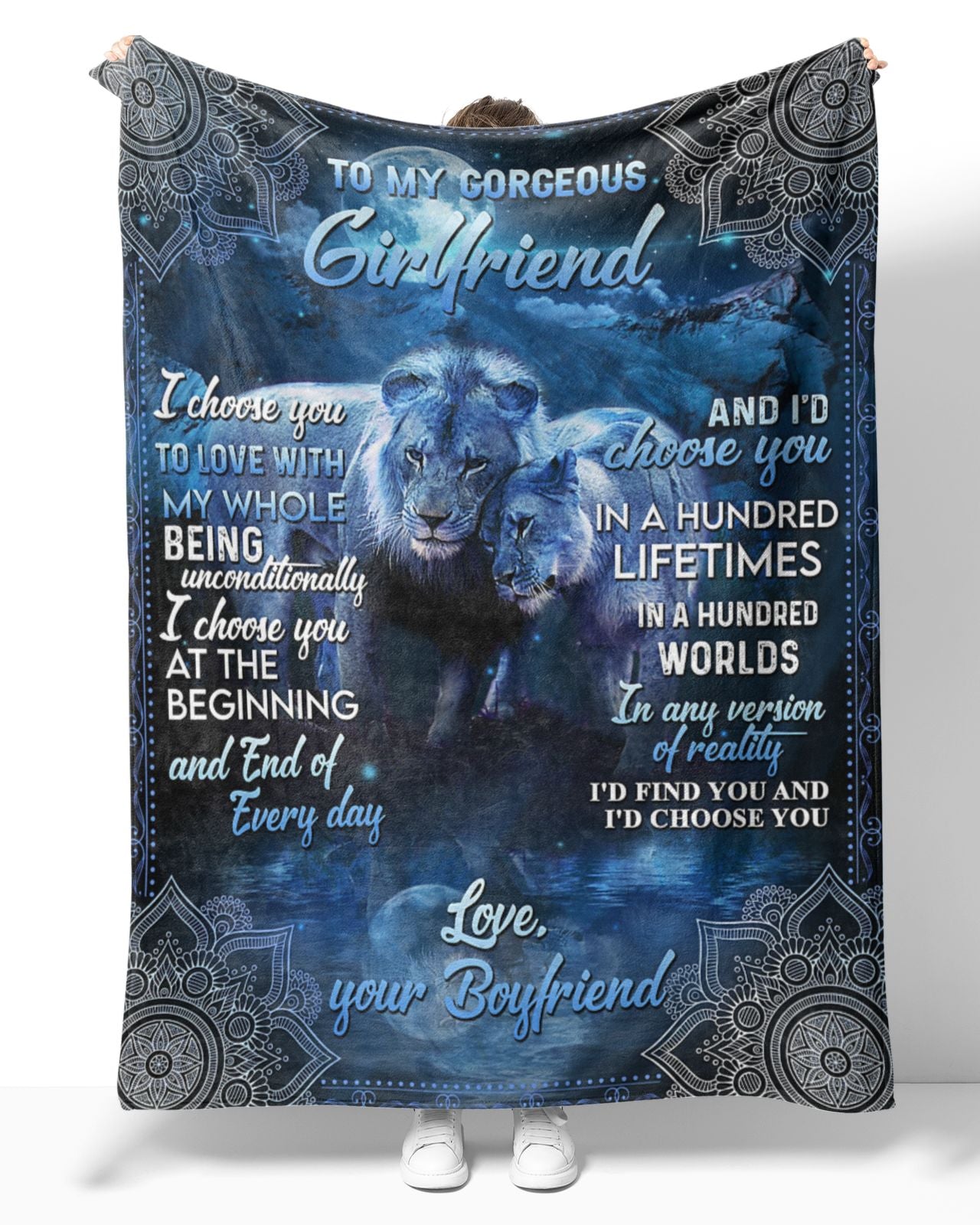 To My Gorgeous Girlfriend Lion Couple Mandala Blanket From Boyfriend, To My Gorgeous Girlfriend I Choose You To Love Lion Blanket Gifts For Girlfriend