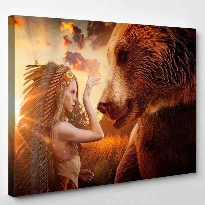 American Indian Plume Feathers Next Brown – Bear Animals Canvas Print