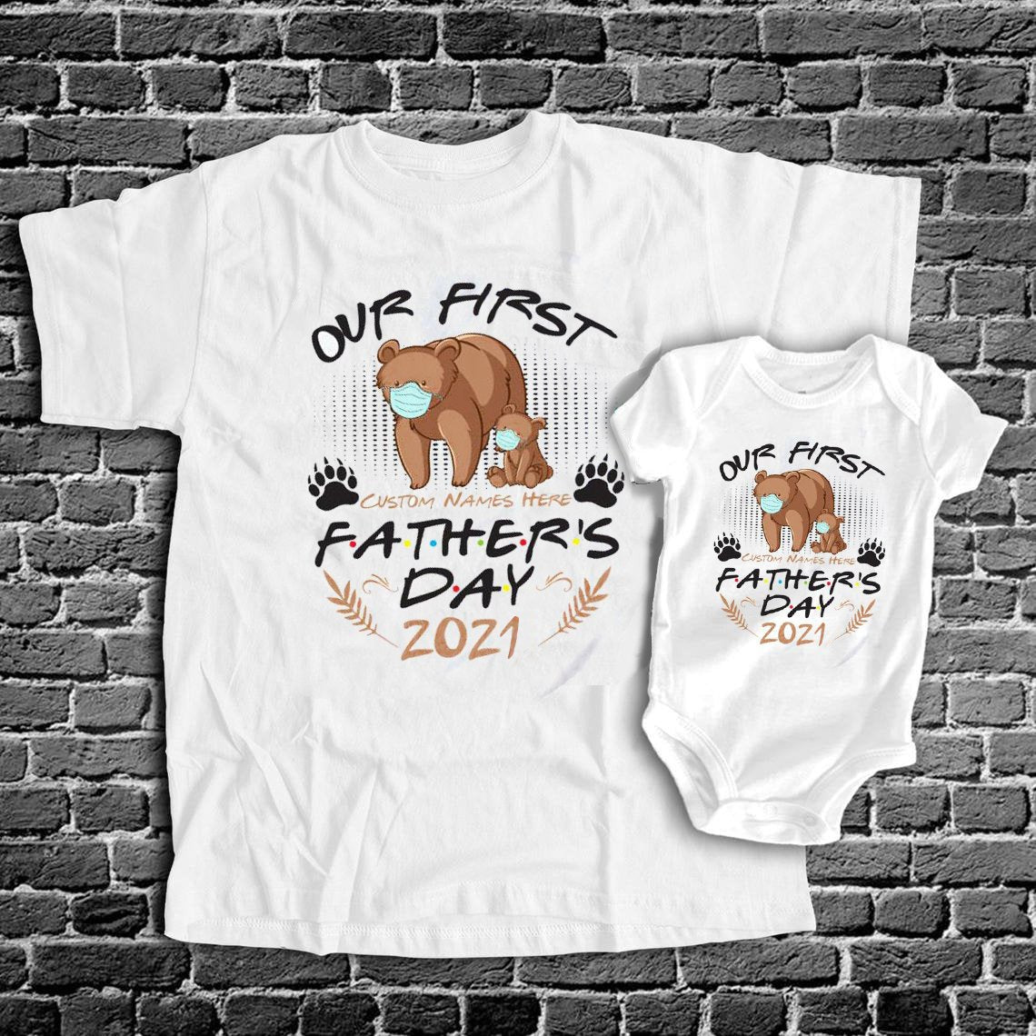 Dad First Fathers Day Brown Bear Cute Matching Shirt Baby Onesie