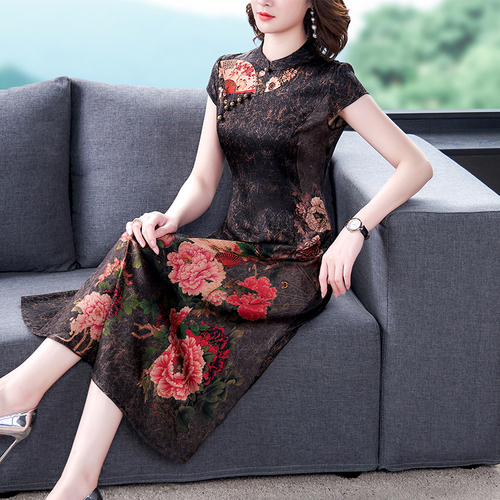 Summer Stand Collar Vintage Floral Slim Improved Cheongsam Ladies Silk Elegant Chinese Style Midi Dress Women Clothes alx