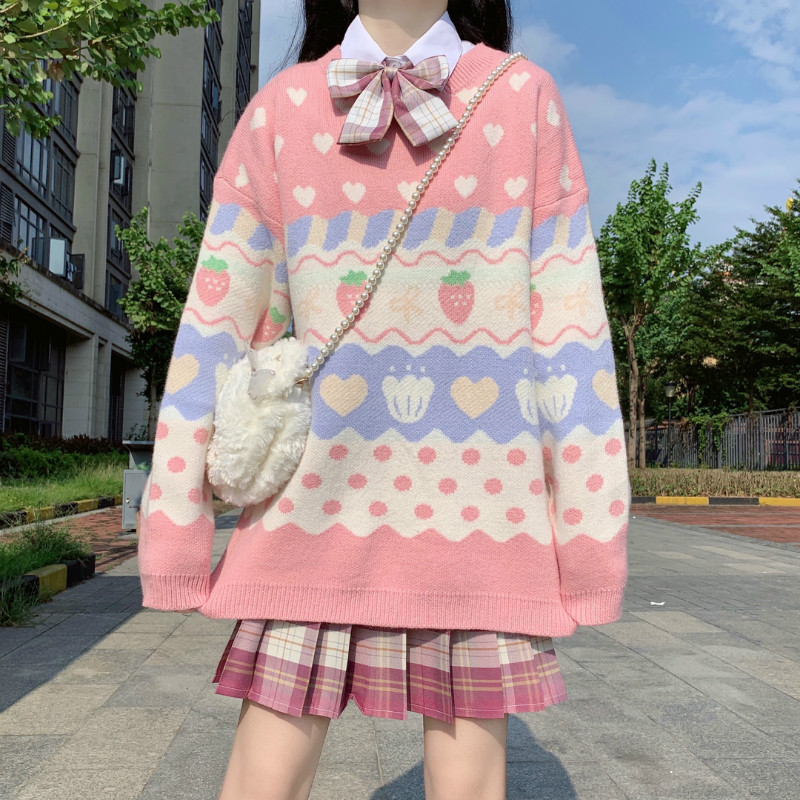 Women’s Sweaters Japanese Kawaii Ulzzang Vintage Strawberry Lazy Ins Loose Sweater Female Korean Harajuku Clothing For Women alx