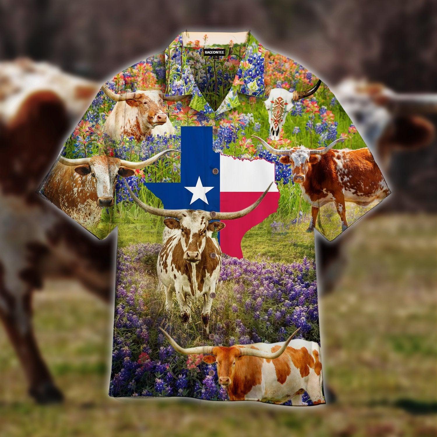 Texas Cow In Bluebonnet Field Hawaii Shirt For Men And Women Ha7394