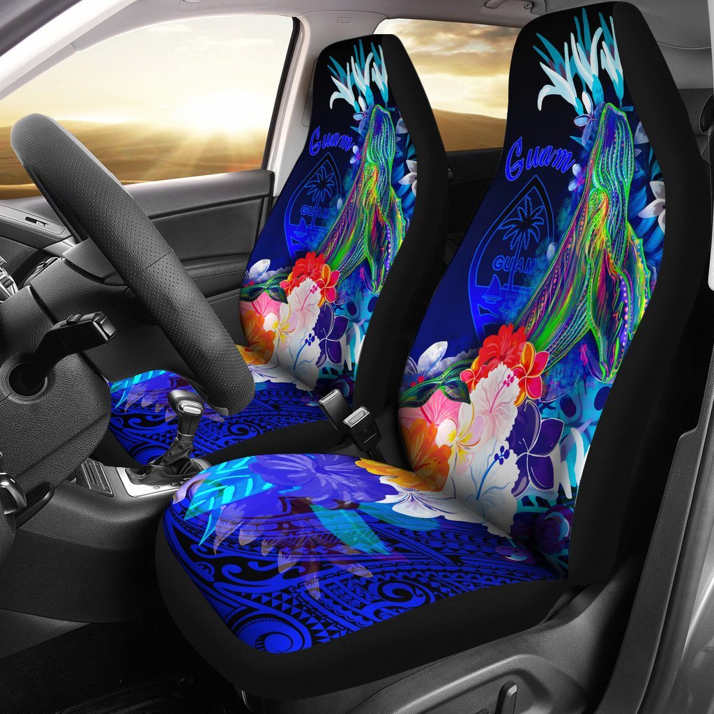 Guam Car Seat Covers – Humpback Whale With Tropical Flowers (Blue)