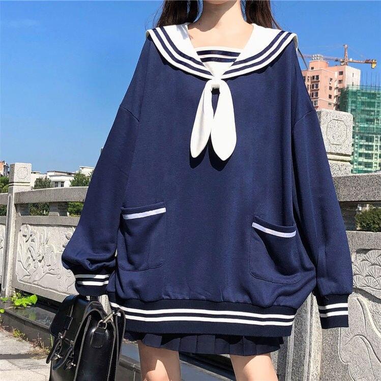 Bunny Ear Rabbit Collared Sailor Neck Tie Bow Hoodies Sweatshirt Fall Kawaii Cute Harajuku y2k Student Aesthetic School Uniform alx