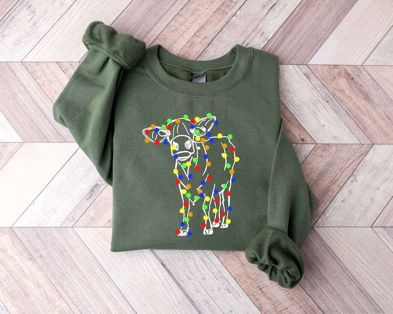 Cow Lights Christmas Sweatshirt 2D Crewneck Sweatshirt All Over Print Sweatshirt For Women Sweatshirt For Men Sws5094