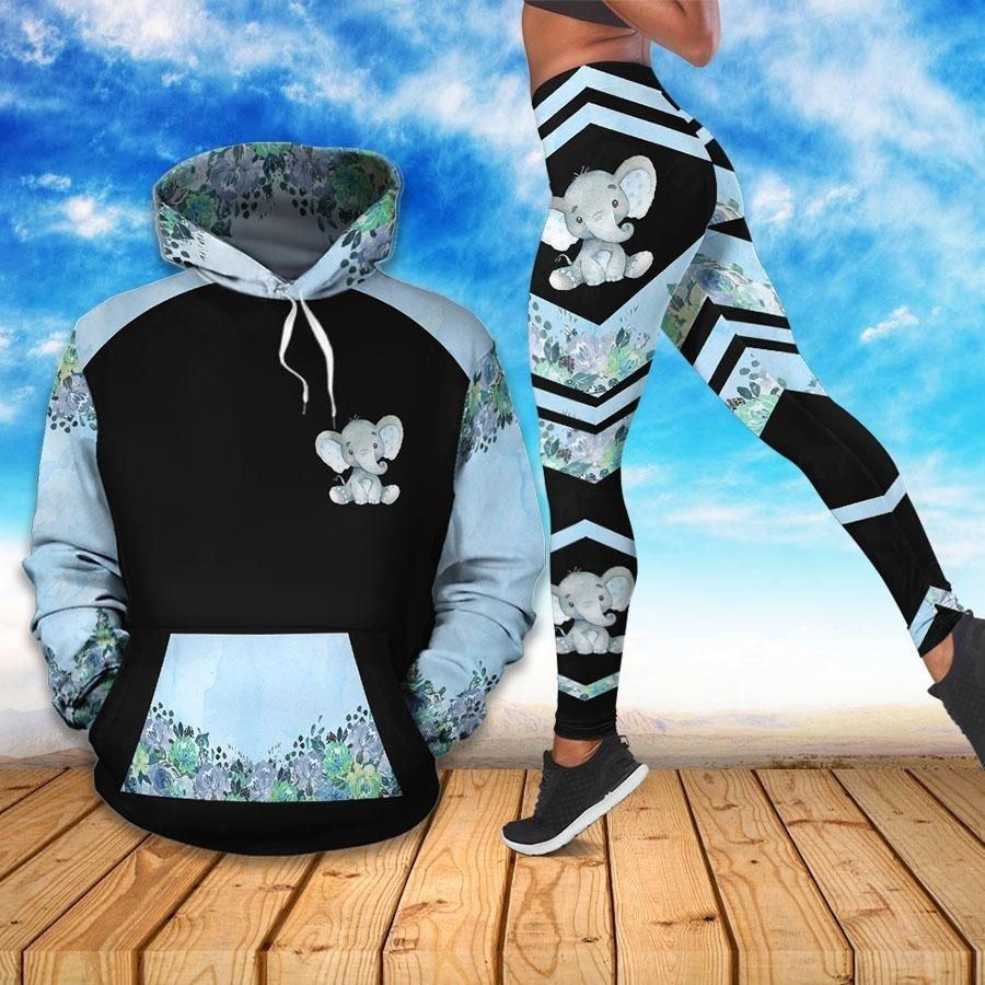 Flowery Elephant Turquoise All Over Print Leggings Hoodie Set Outfit For Women | Hts2451