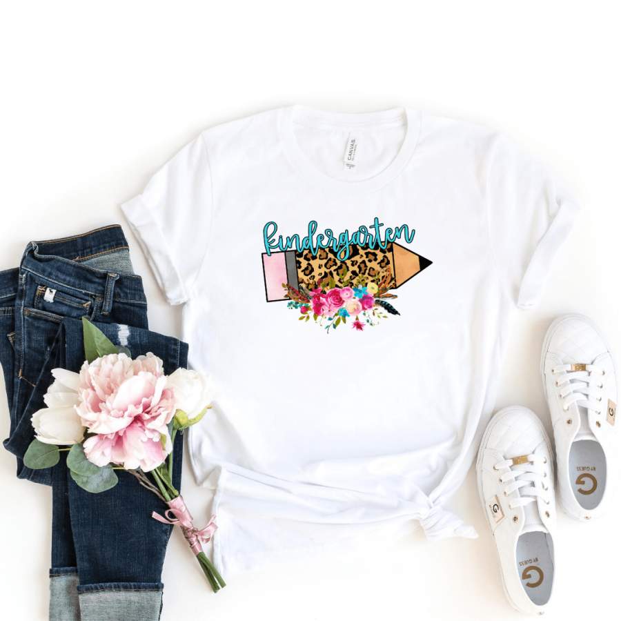 ﻿Kindergarten Teacher Shirt Teacher Shirt Back to School Shirt Kindergarten Team Shirt First Day of School Floral Teacher Appreciation leopard shirt