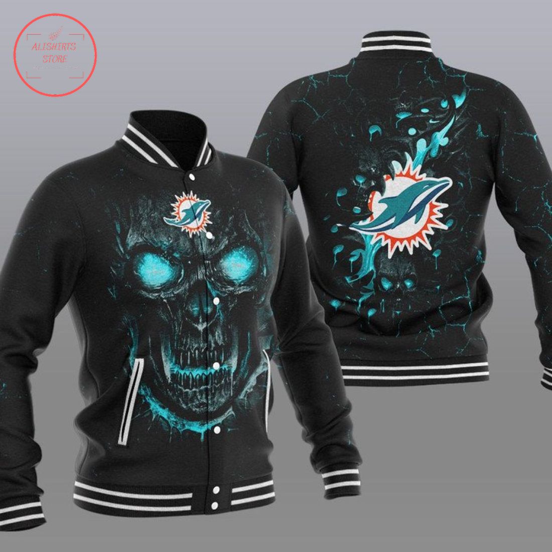 Miami Dolphins Black Skull Baseball Jacket