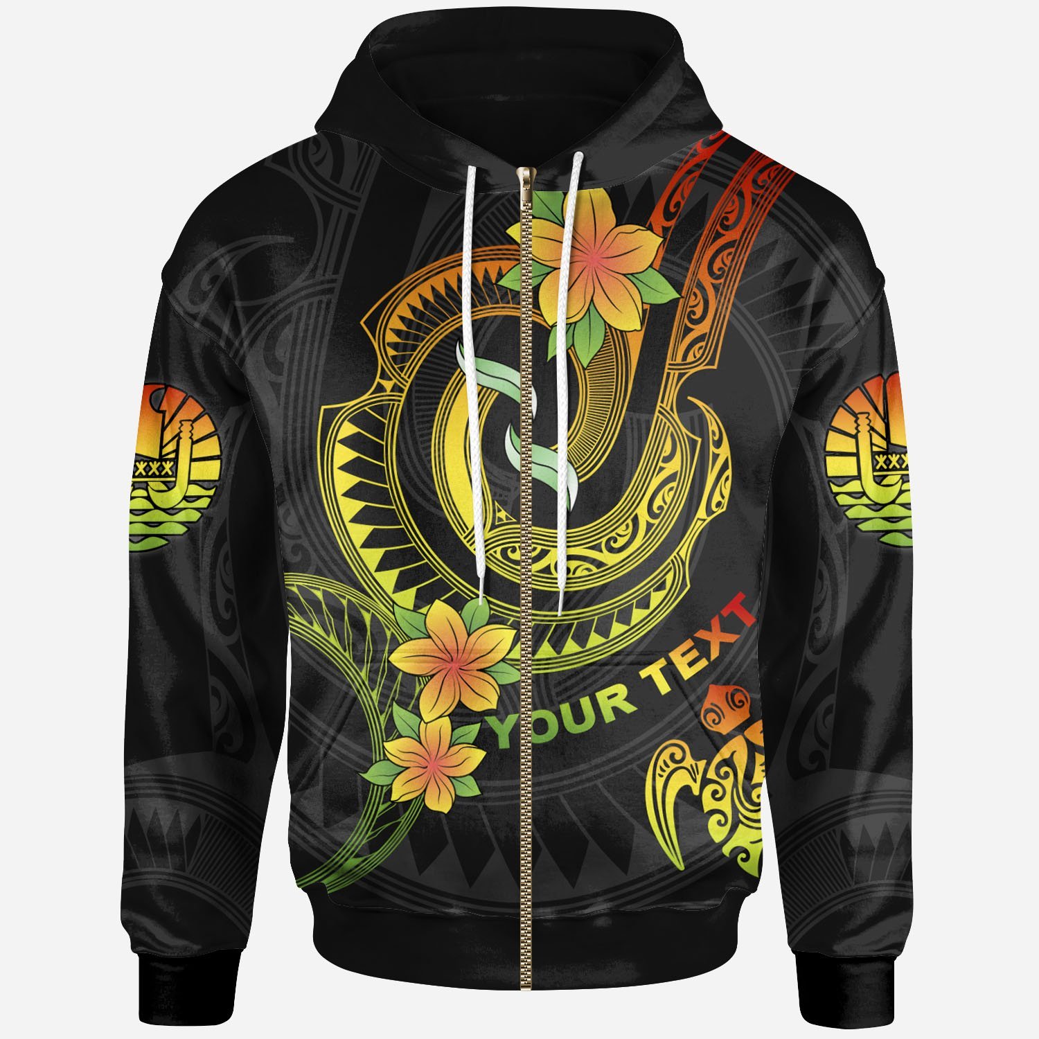 Tahiti Custom Personalised Zip-Up Hoodie – Reggae Plumeria Flowers with Spiral Patterns – BN26