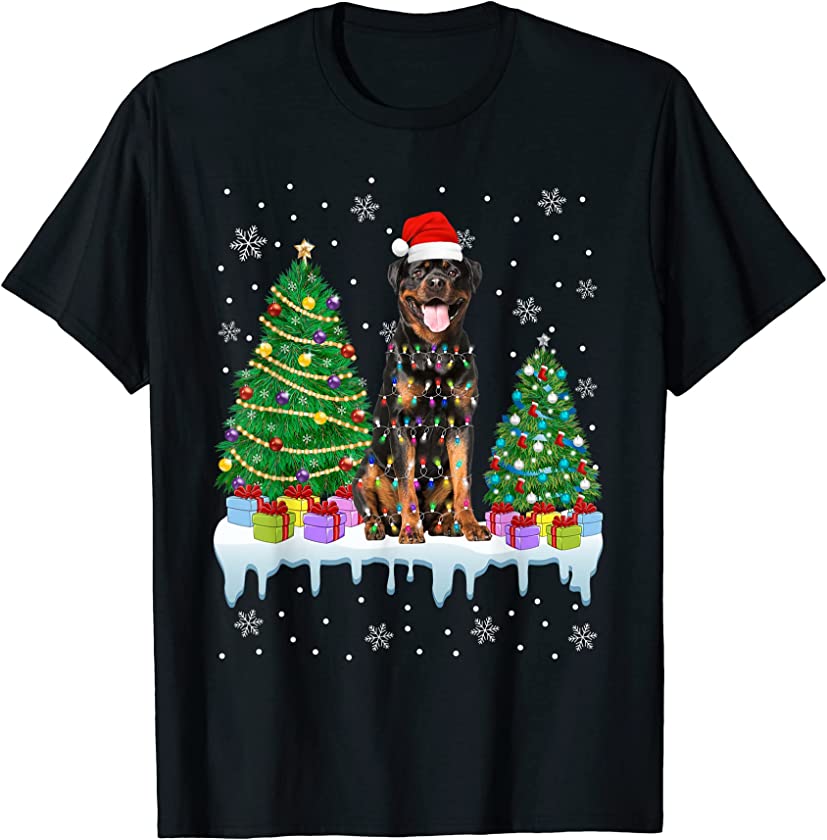 Rottweiler Dog Christmas Tree Funny Xmas Lights Puppy Lover T-Shirt