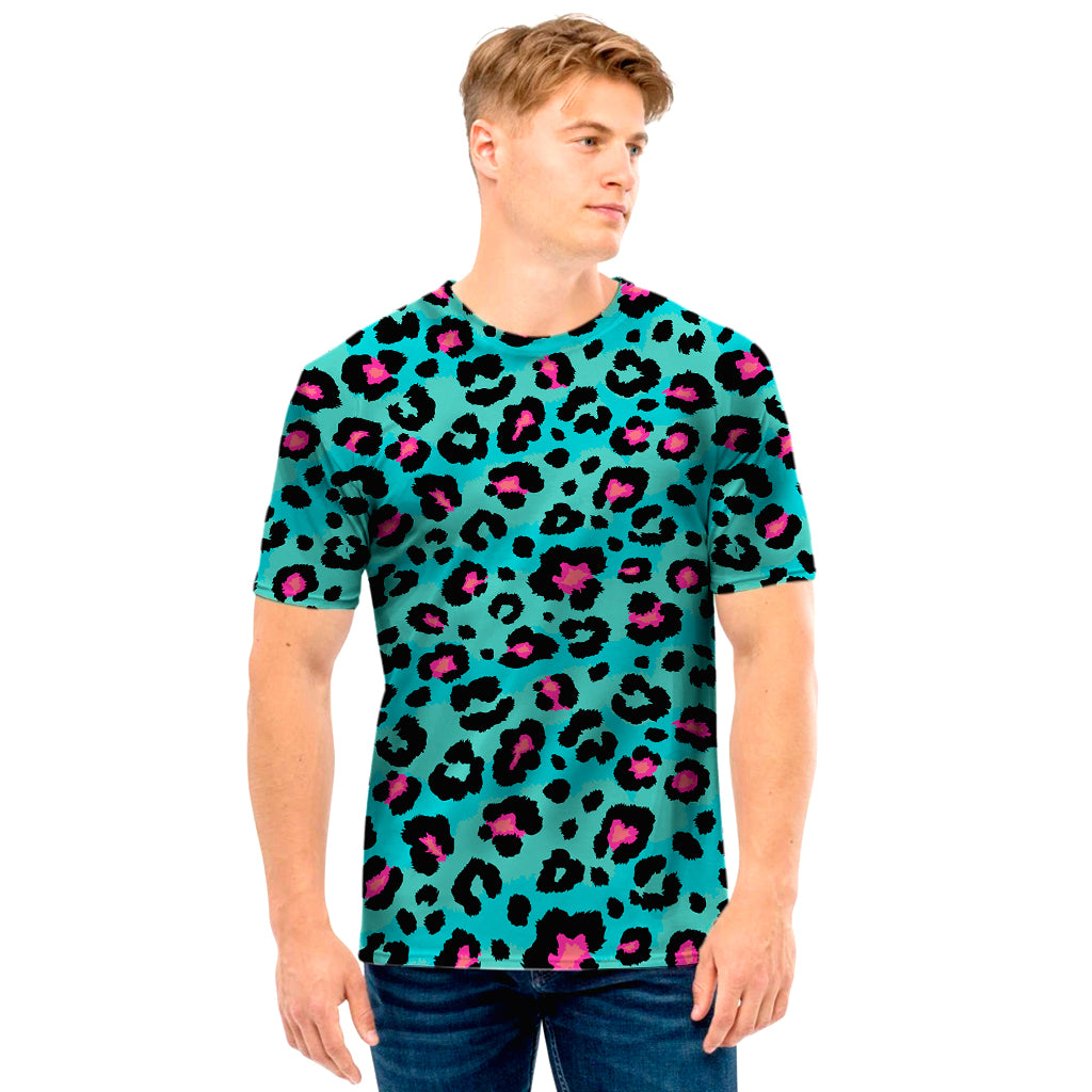 Turquoise And Pink Leopard Print Men’S T-Shirt