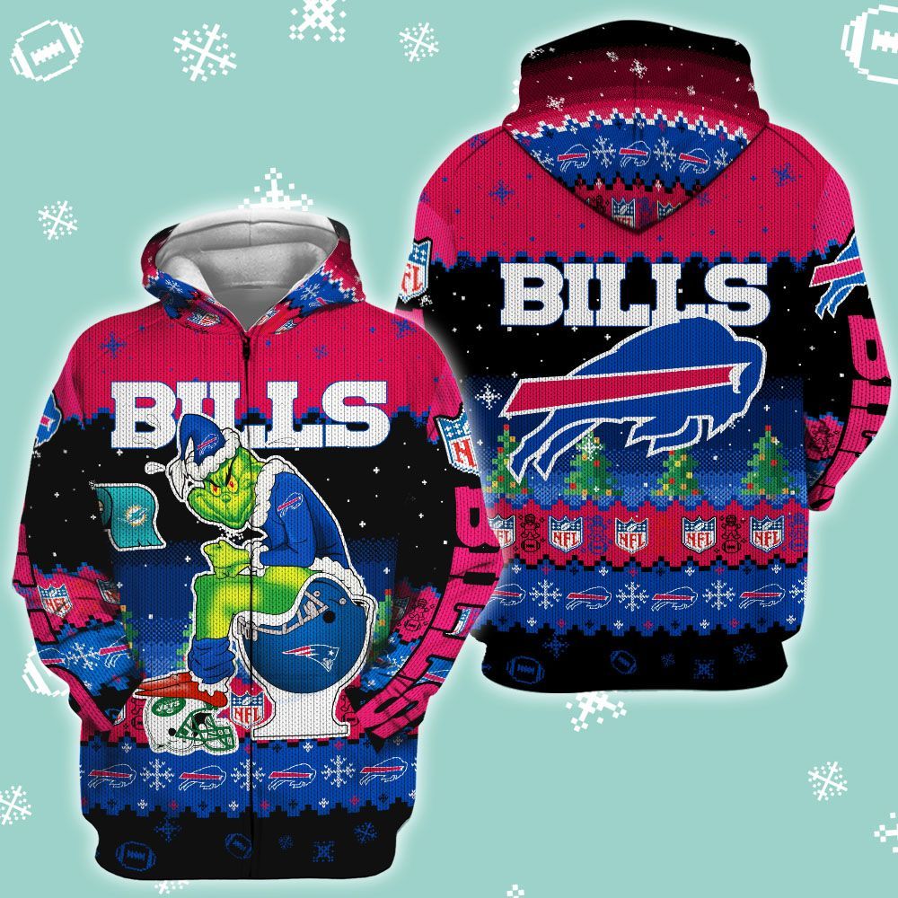 Buffalo Bills Christmas Grinch In Toilet Uglyzip 3D T Shirt Hoodie Sweater 3D Hoodie Sweater T-Shirt