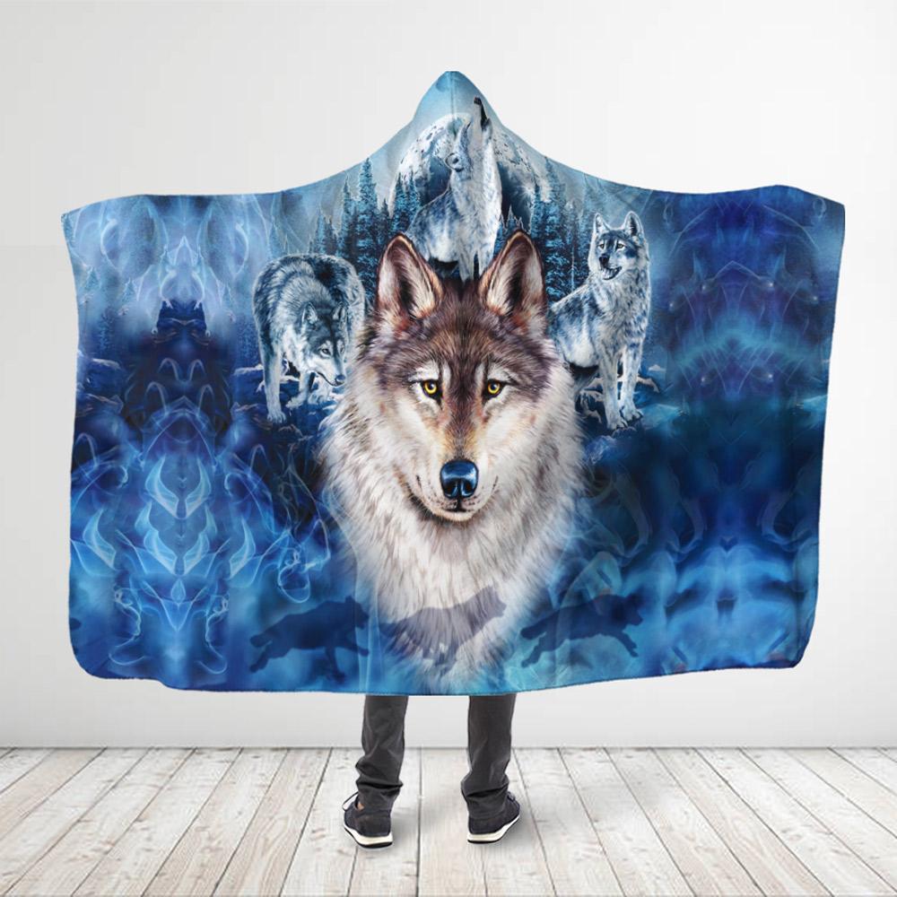 ViticStore™ Wolf 3D All Over Printed Agreeable Gray Wolf – Neon Blue Hooded Blanket