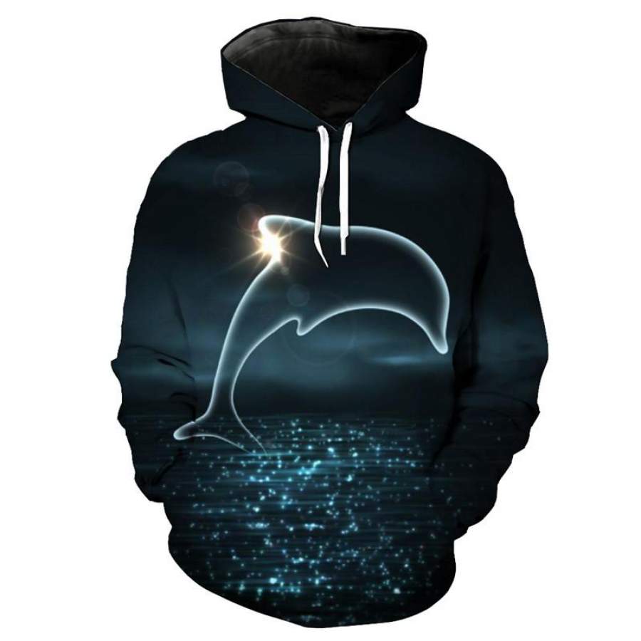 Fish Style Fashion Dolphin Print Cool Hooded Sweatshirt Men Women Pullover