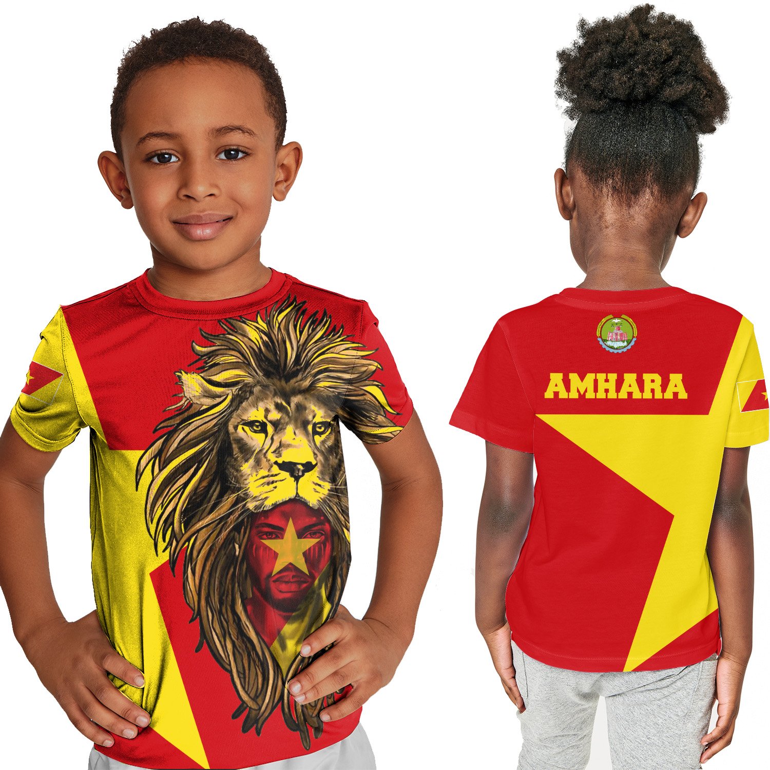 1stTheWorld Amhara T-shirt Kid, Amhara Flag Men Lion A10