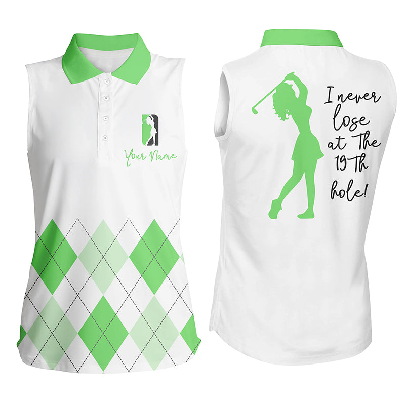 Women Sleeveless Polo Shirt Custom Green Argyle Plaid Golf Top For Ladie I Never Lose At The 19Th Hole