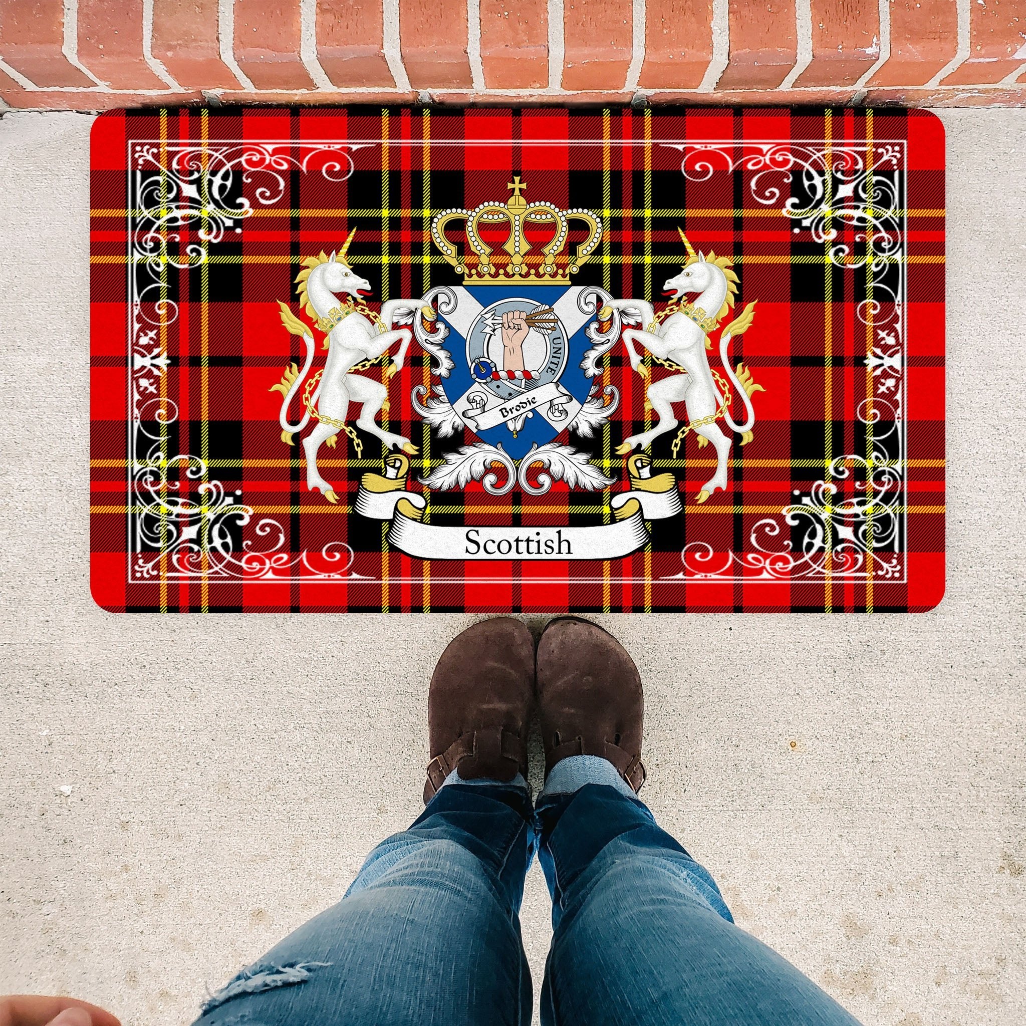 Scotstee Shop Tartan Door Mat Brodie Clan Badge Tartan Scottish Plaid Doormat, Christmas Door Mat