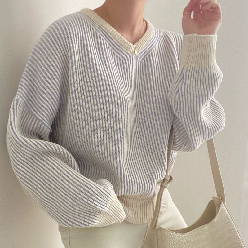 Women’s Clothing Korean Simplicity V Neck Knitting Sweater Vintage Stripe Long Sleeves Casual Fashion Baggy Ladies Tops Autumn alx