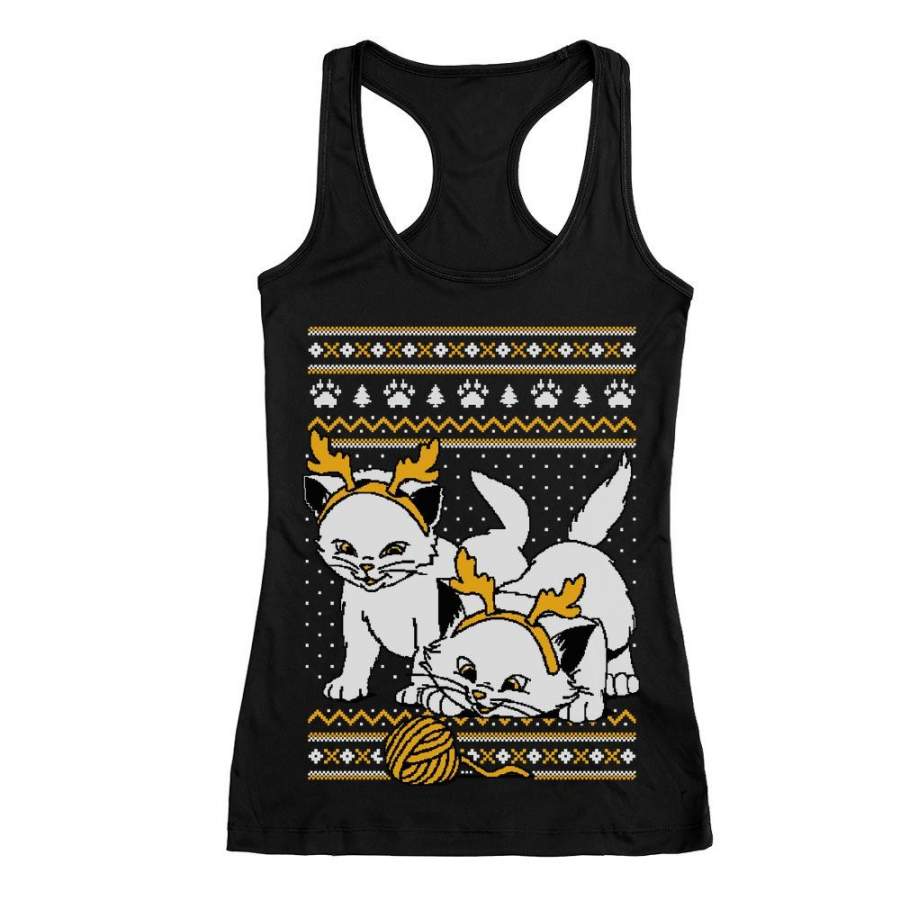 Cats with Reindeer Antler Headband Ugly Christmas Racerback Tank Top