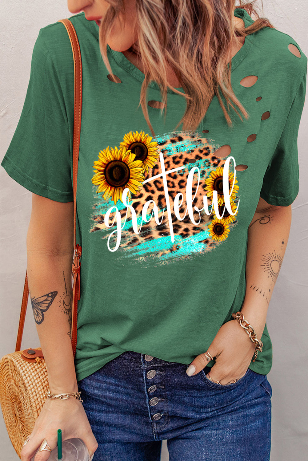 Green Floral Leopard Basic Ripped T-Shirt