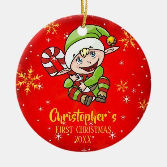 Personalized Ornament Baby`S First Christmas Elf Candy Cane Red Customized Ceramic Circle Ornament 1 – 2 Sided