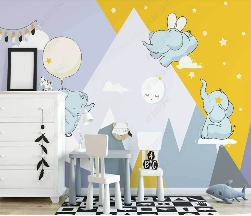 3D Hand-Painted Cartoon Mountain Elephant Wall Mural Wallpaper Sww3291