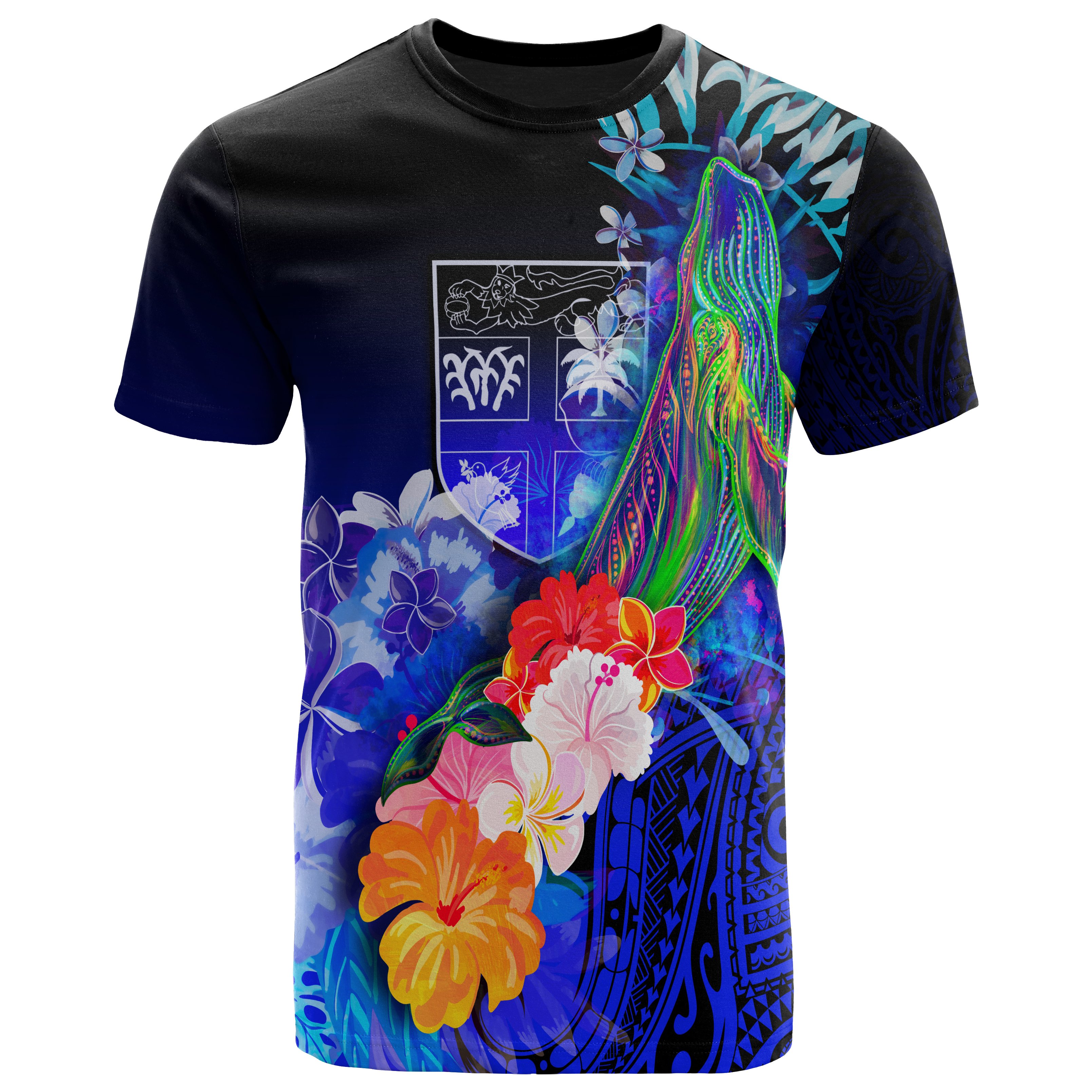 Fiji T-Shirts – Humpback Whale with Tropical Flowers (Blue)- BN18