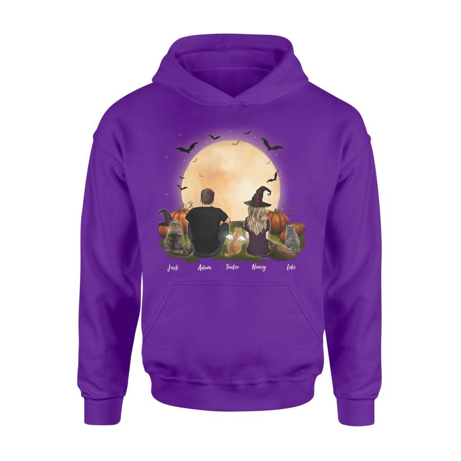 [ FRONT SIDE ] [ ORANGE PURPLE ] Personalized custom cat & couple hoodie Halloween gift for cat mom dad lover owner – 2402