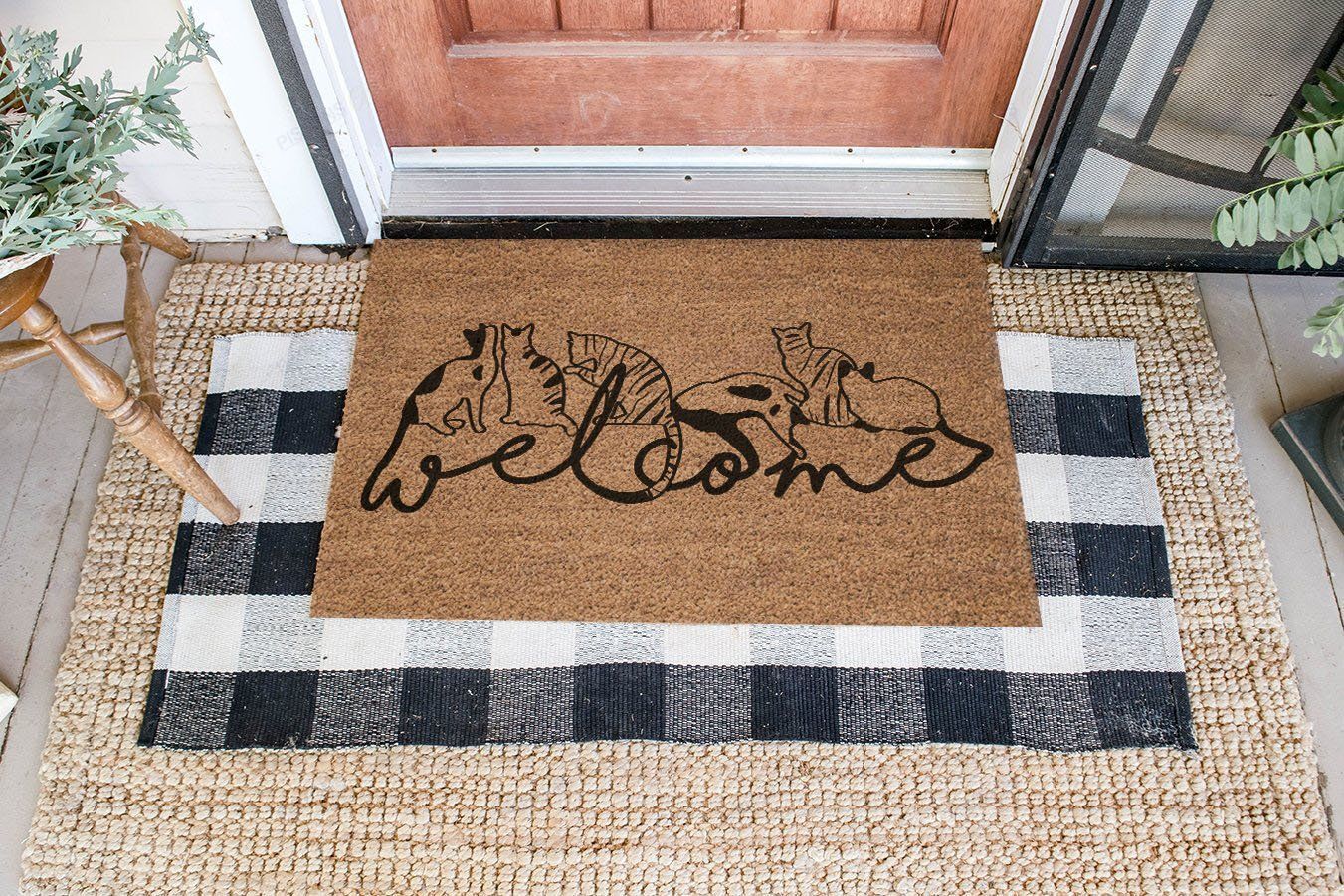 Welcome Cat Coir Pattern All Over Printing Doormat