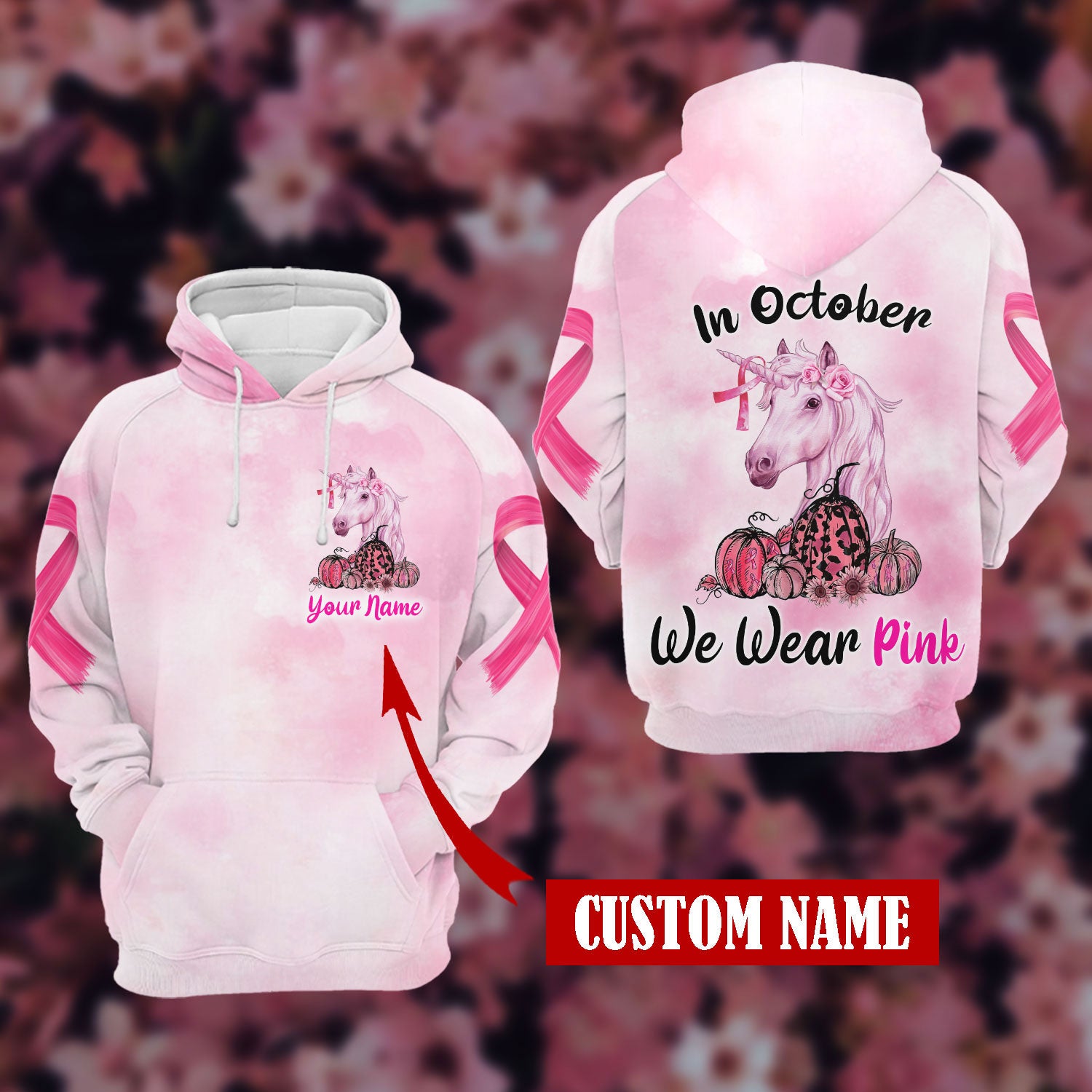 Unicorn Breast Cancer In October We Wear Pink Hoodie 3D Custom Ttm