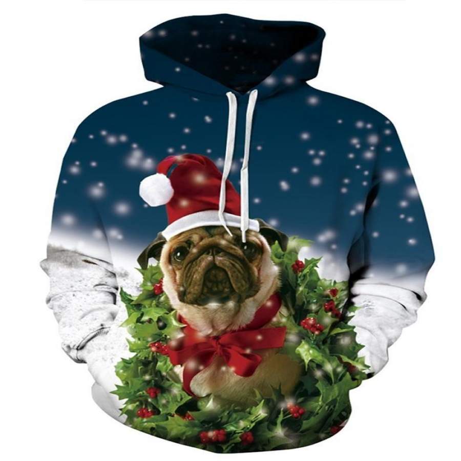 Long Sleeve Christmas Snowy Puppy Dog 3D Pattern Hoodie