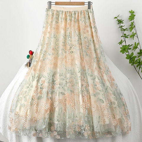 Vintage Embroidery Tulle Skirt Women Spring Flower Elastic High Waist lace Midi Skirt Korean Style Elegant A-line Mujer Falda alx