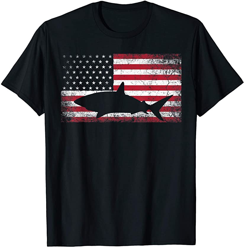 Vintage Shark Lover Fishing Diving July 4th American Flag T-Shirt