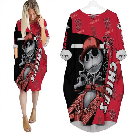 Jack Skellington Monster Energy Kansas City Chief 3D Batwing Pocket Dress Womens Oversized Loose Dress