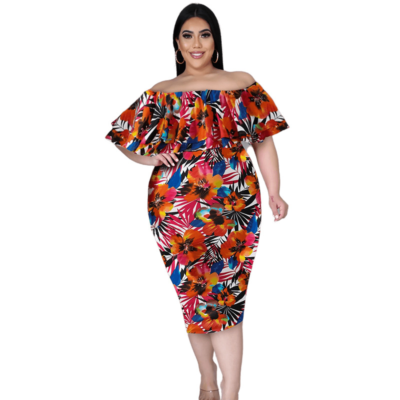 2022 Summer Floral Off Shoulder Plus Size Party Dress Women’s Oversize Elegant Bodycon Evening Midi Dresses Long Club Dress 5XL alx