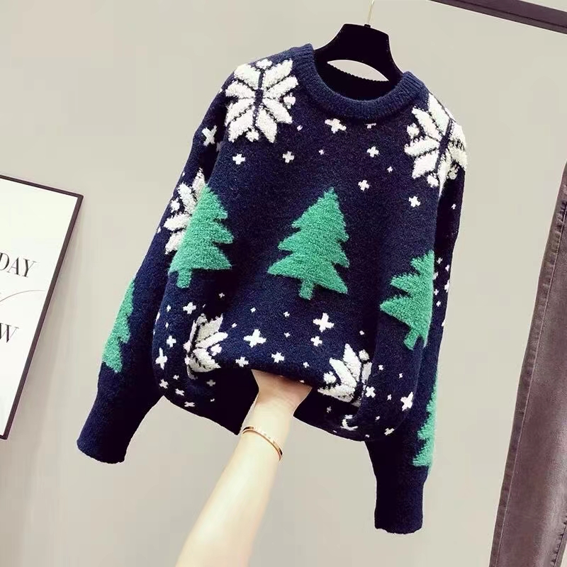 WTEMPO Christmas Sweaters Women Loose Korean Style Autumn Thickened Knitted Pullovers Winter Solid Snowflake Tree Pattern Jumper alx