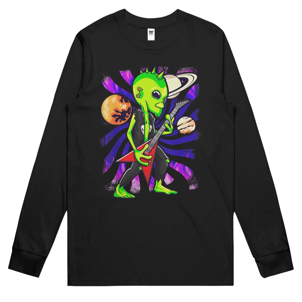 Ailen Shirt, Ufo Shirt, Ufo Long Sleeve T Shirts, Ufo Tee Shirt, Long Sleeve T Shirts Ufo, Alien Guitarist Playing Electric Guitar Ufo Rock Music Lover Long Sleeve T Shirts