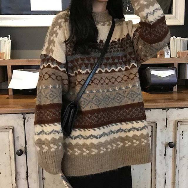 Women Knitted Sweater Winter Patchwork Pullover Female Oversize Sweater Elegant Women Jumper Vintange Lantern Sleeve Pull Femme alx