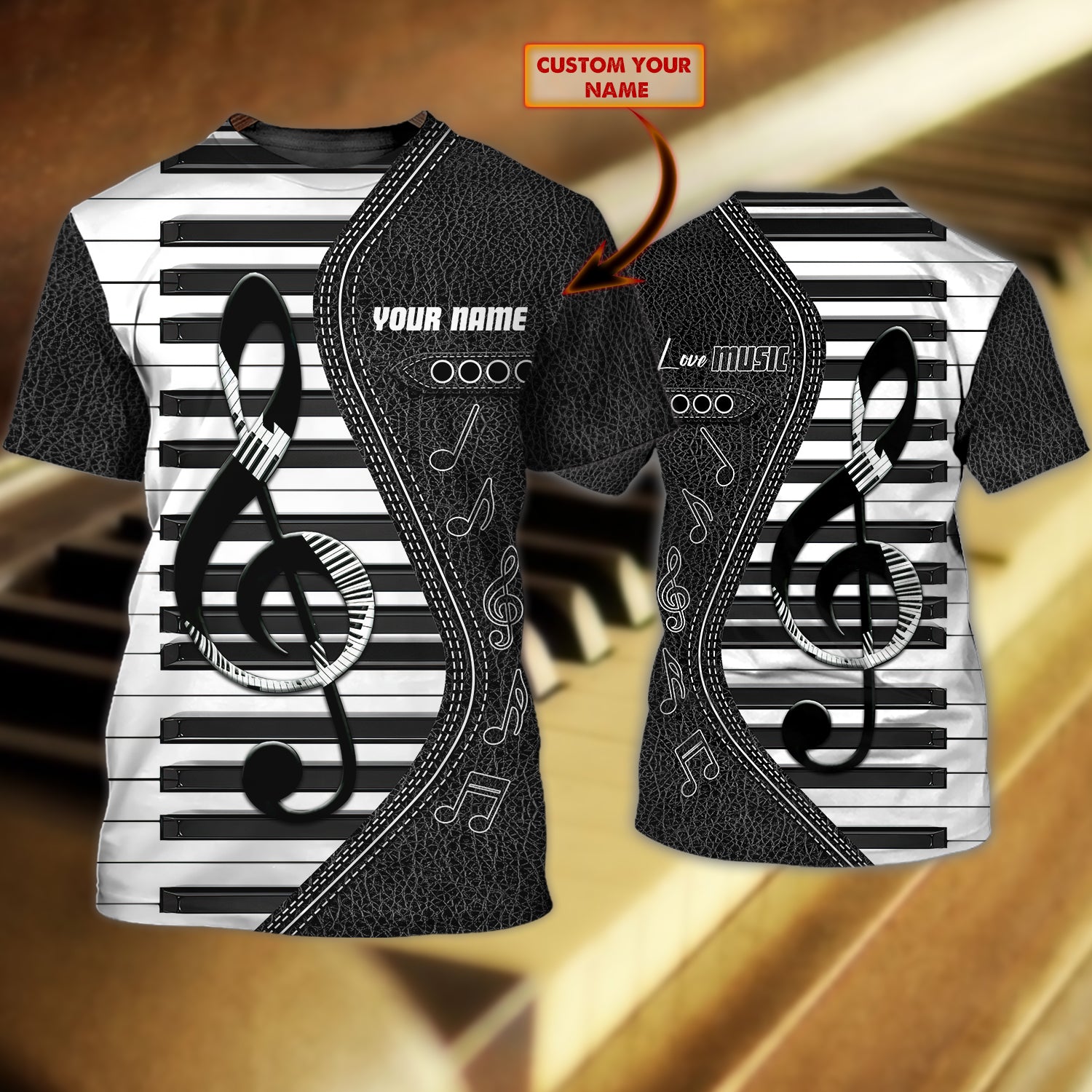 Customized 3D All Over Printed Piano Tshirt, Love Music T Shirt On Leather Pattern, Pianist T Shirt