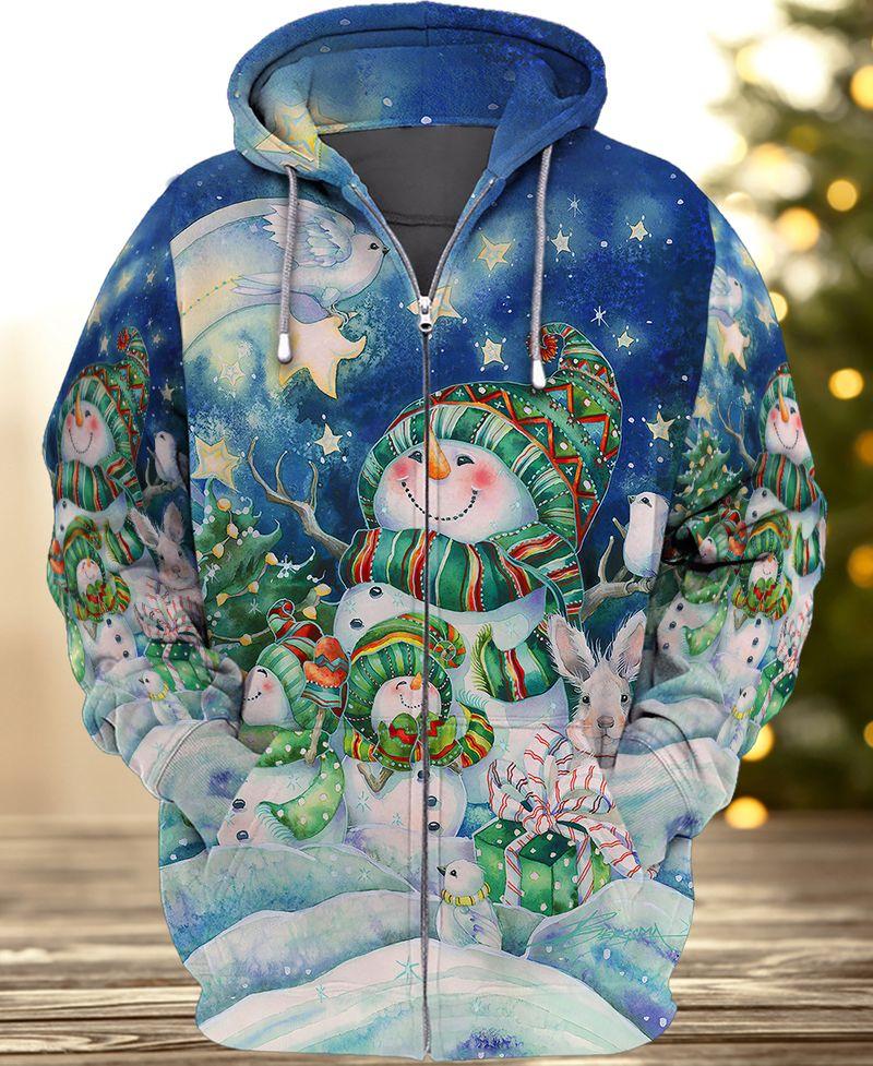 3D Full Printing Snowman And Starry Night Shirt Gift For Christmas Holiday 3D Zipper Hoodie