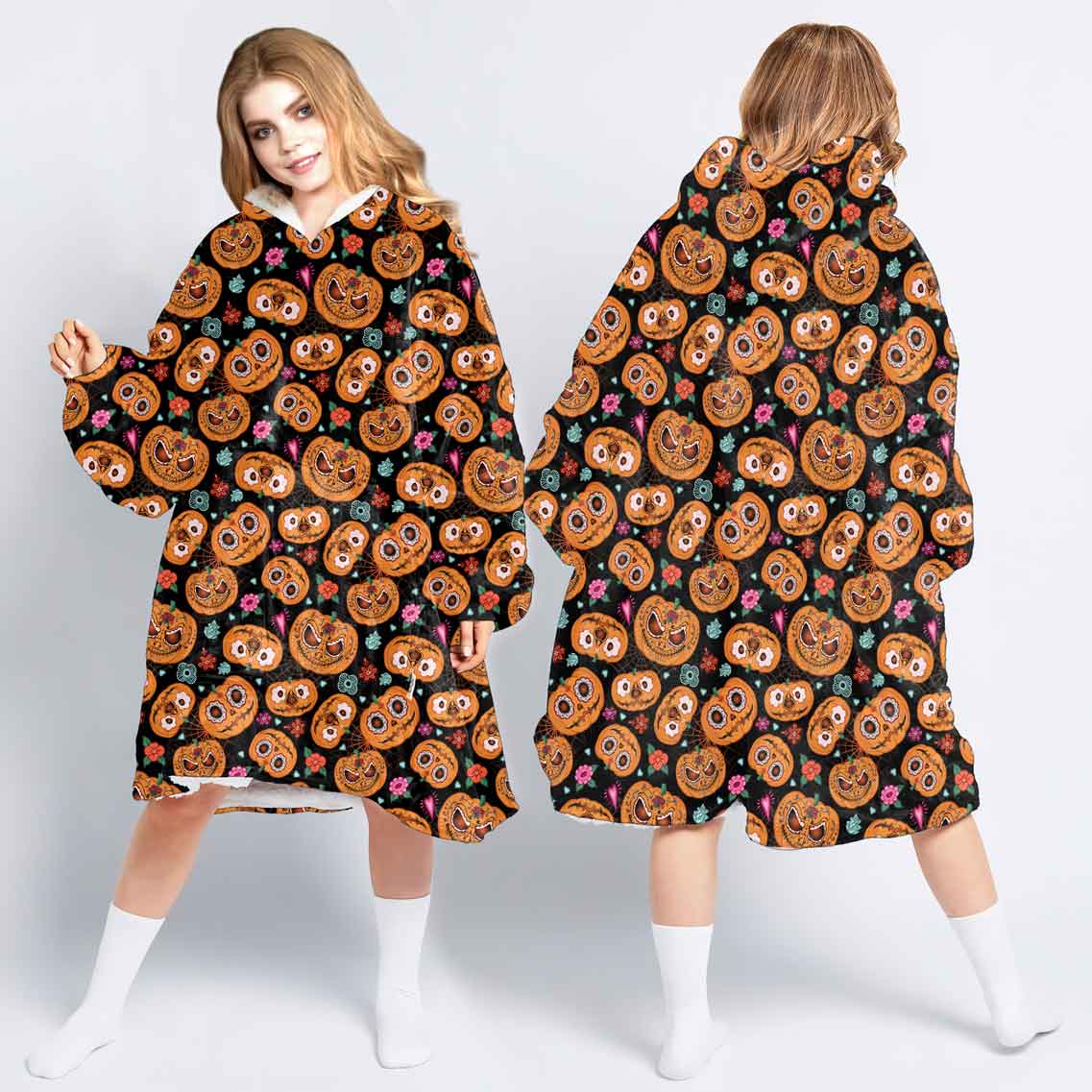 Halloween Gift Flowers And Pumpkins Wearable Blanket Snug Hoodie For Teens And Adults Nhd