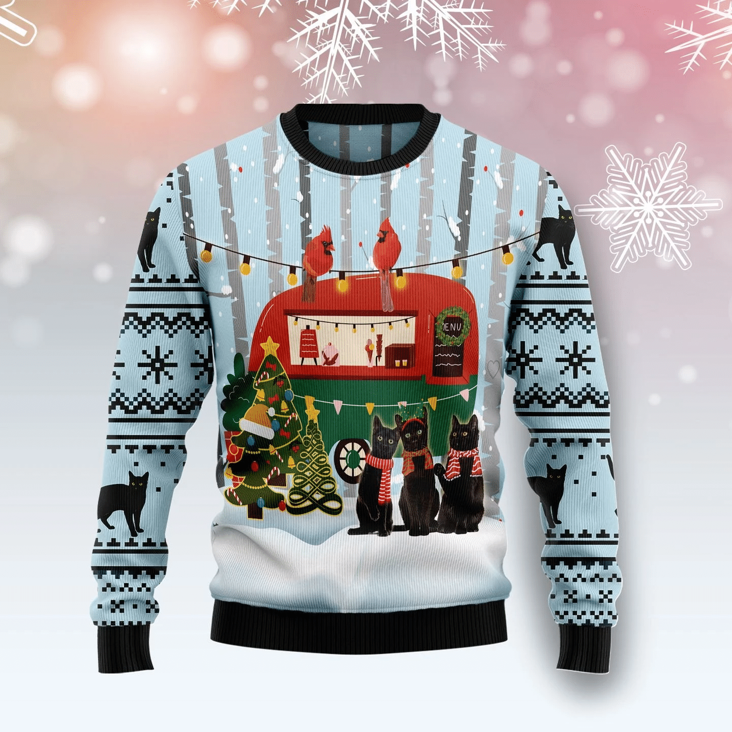 Black Cat Love Camping Ugly Christmas Sweater For Men & Women Adult