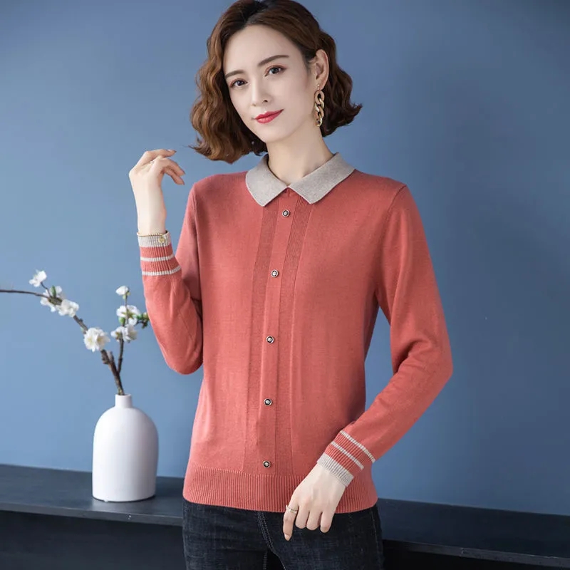 Chic Polo Collar Knitted Tops Office Lady Women Korean Style Plus size 4XL Knit Pollover Female Casual Thin Sweater With Buttons alx