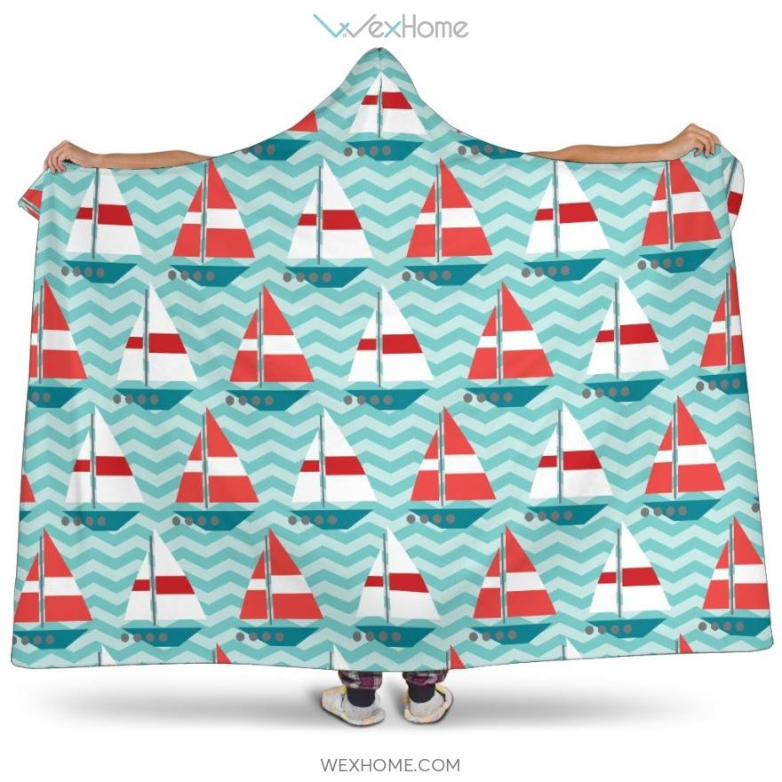 Red White Sailboat Wave Background Hooded Blanket