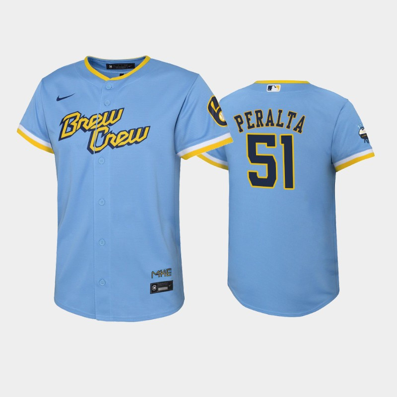 2022-23 City Connect Youth Milwaukee Brewers Freddy Peralta 51 Freddy Peralta Jersey – Powder Blue